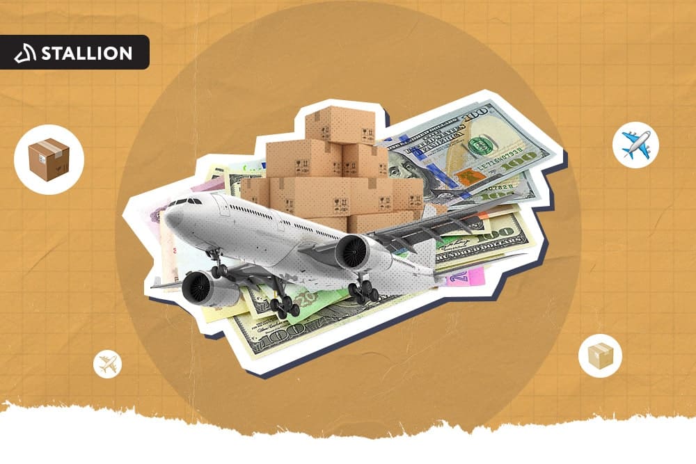 A stack of Canadian bills with an airplane and boxes on top of it.