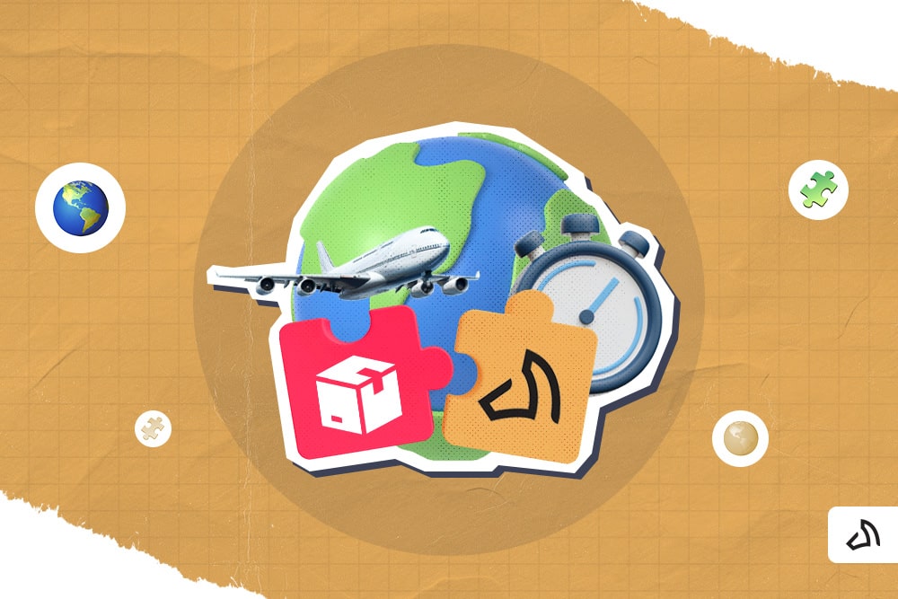 One red puzzle piece with a box in the middle and one orange puzzle piece with the Stallion logo