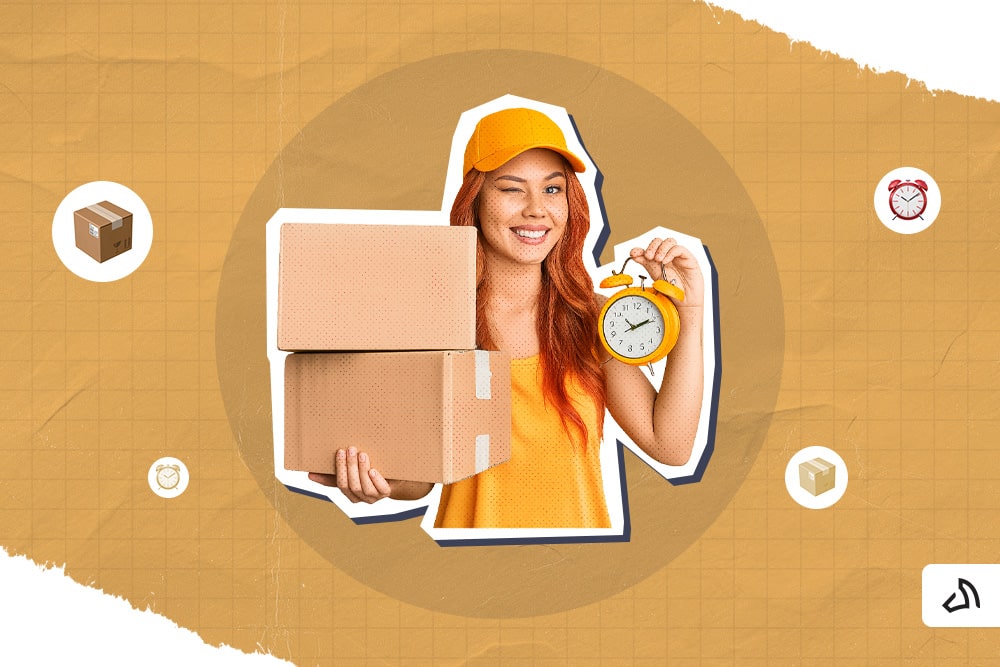 A woman is holding two boxes on her left hand and an alarm clock on her right