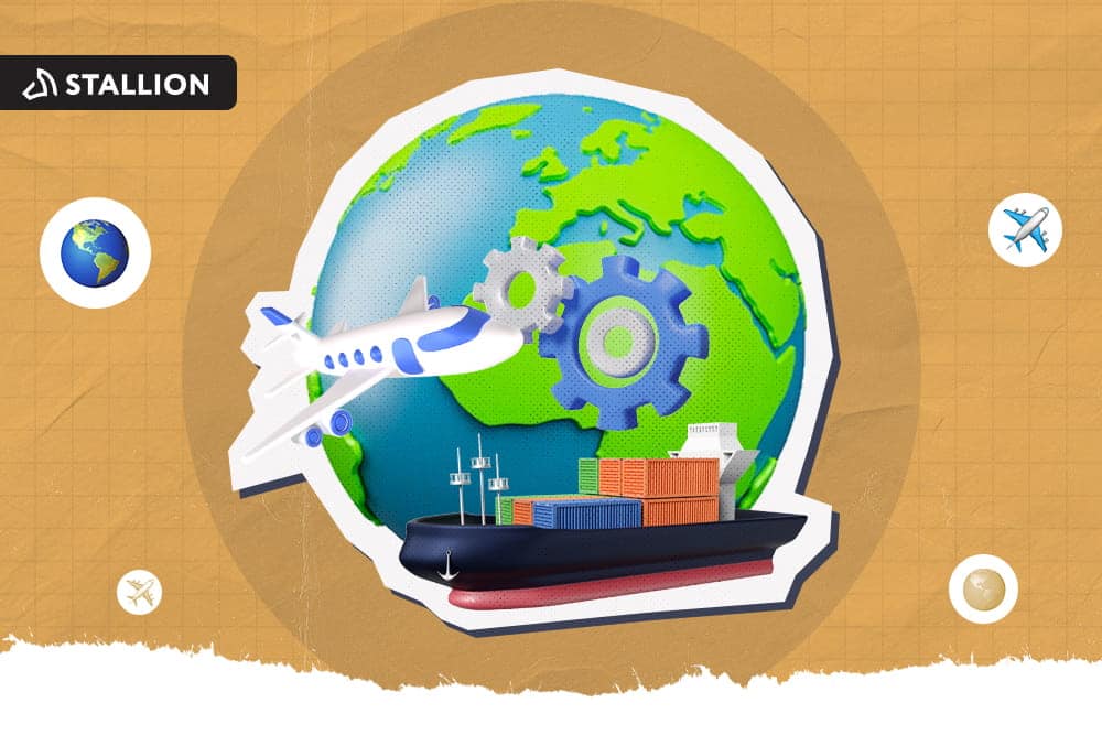 A globe surrounded with an airplane, a gear cog, and a ship.