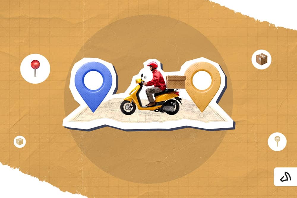Un conducteur sur une moto avec deux épingles de localisation de chaque côté sur une carte