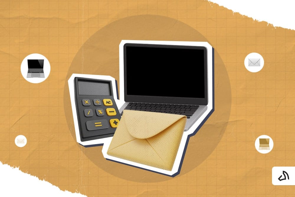 Une calculatrice, un ordinateur portable et une enveloppe