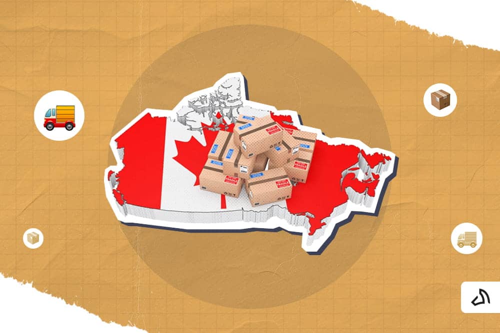Le drapeau canadien en forme de pays avec un tas de boîtes au-dessus