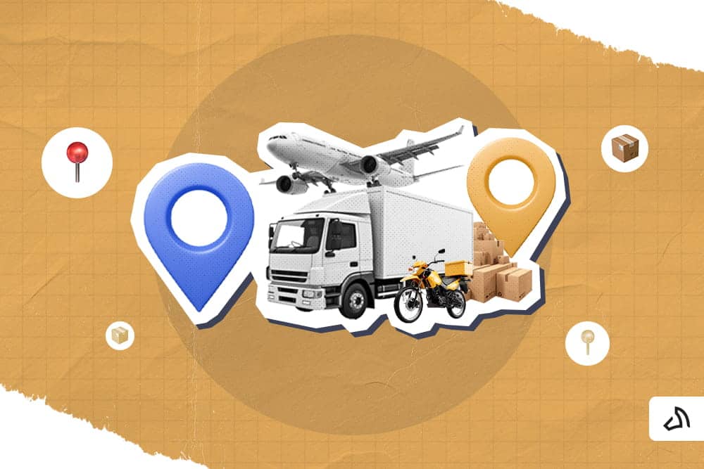 Deux goupilles de localisation de chaque côté avec un avion, un camion et une moto au centre