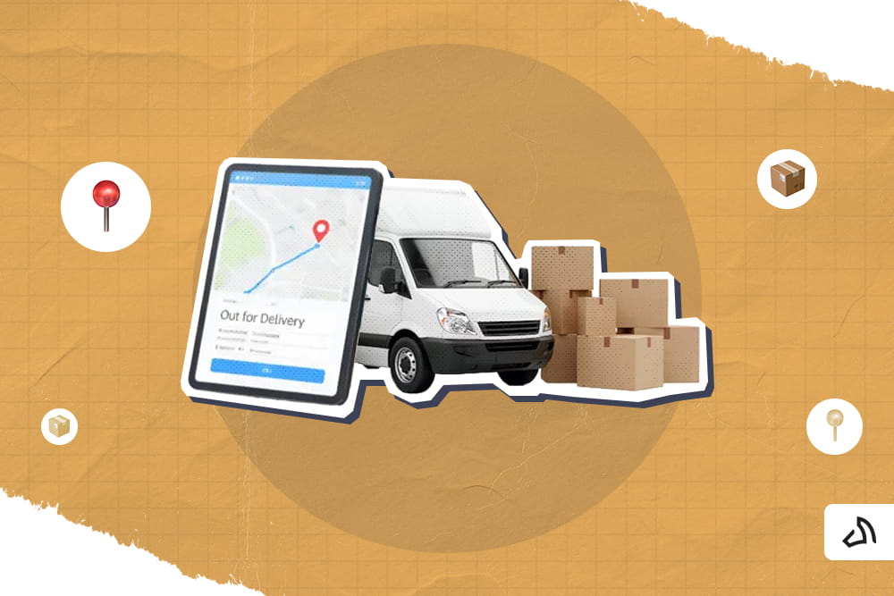 Une fourgonnette blanche avec une application de suivi et une pile de boîtes sur les côtés