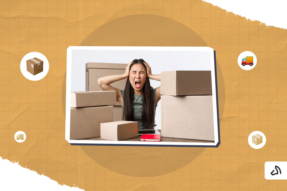 A frustrated woman surrounded different-sized packages