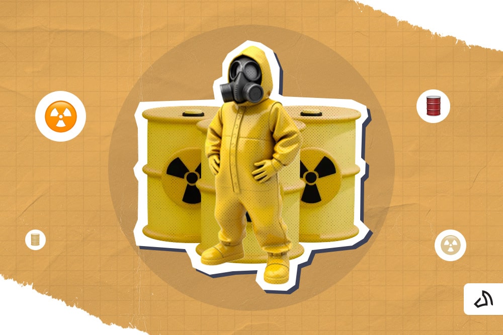 A person is wearing a yellow hazmat suit with two poison drums behind him.