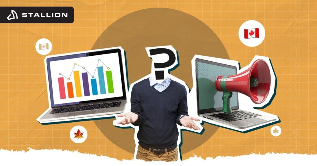 A man holding two laptops, one showing graphs and the other has a megaphone