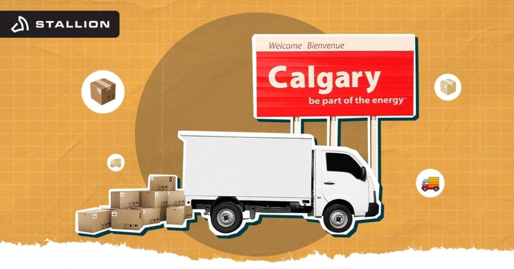 Un camion, une pile de cartons et un panneau de bienvenue à Calgary