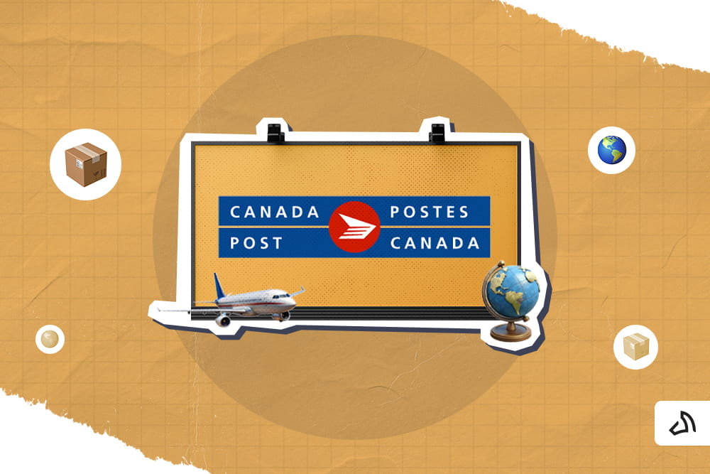 The Canada Post logo on a screen with an airplane and globe figures on both sides