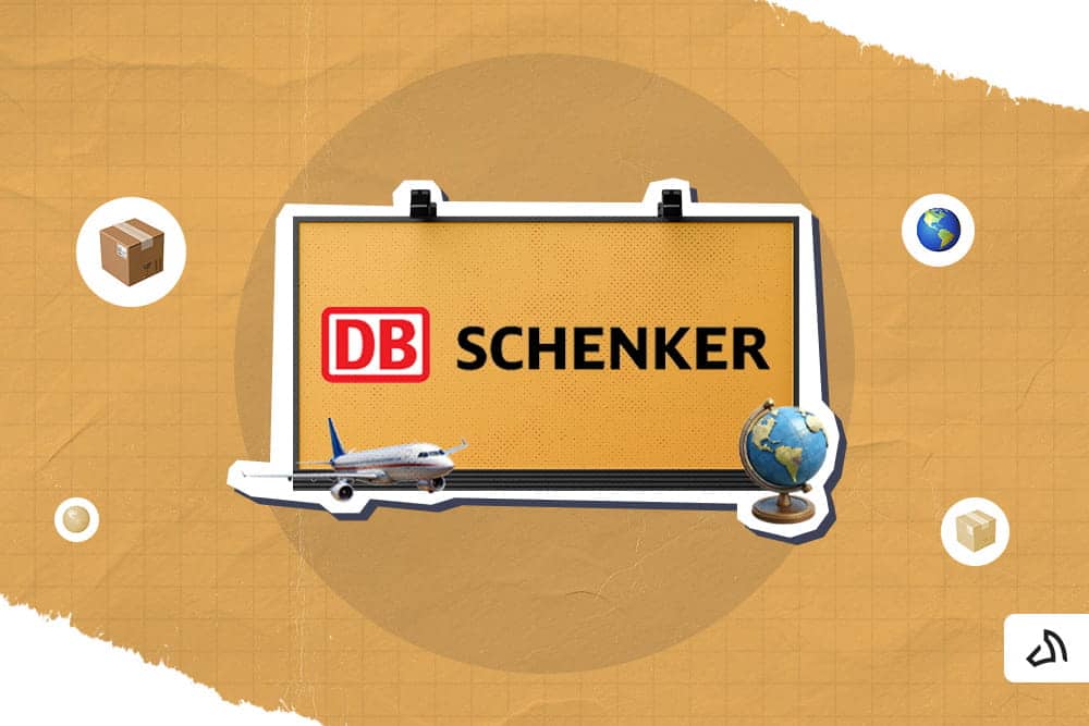The DB Schenker logo on the screen with an airplane and a globel on both sides