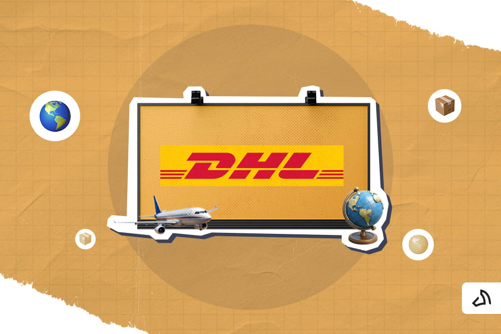 The DHL Express logo on a screen with a globe and airplane figures on both sides