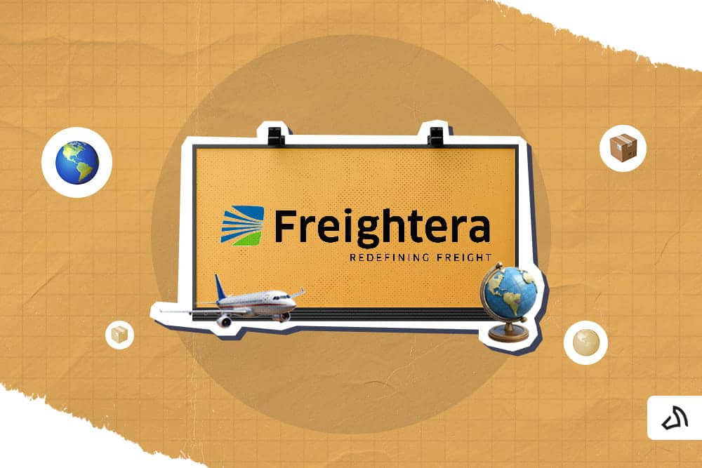 The Freightera logo on the screen with an airplane and a globe on both sides