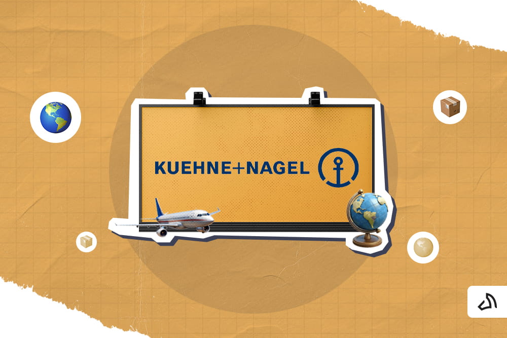 The Kuehne+Nagel logo on the screen with an airplane and a globe on both sides