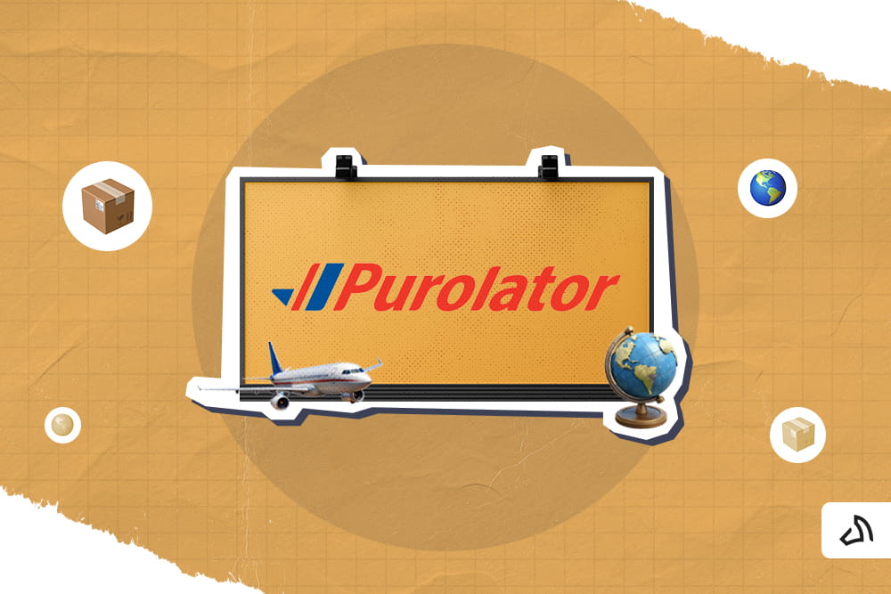 The Purolator logo on the screen with an airplane and a globe on both sides 