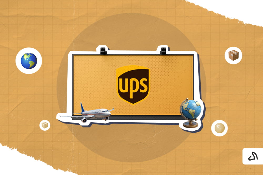The UPS logo on the screen with an airplane and a globe figures on both sides