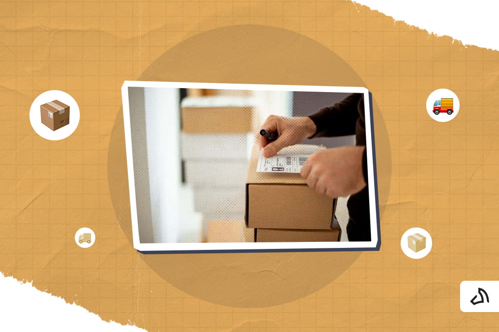 A person is attaching a shipping label on the package