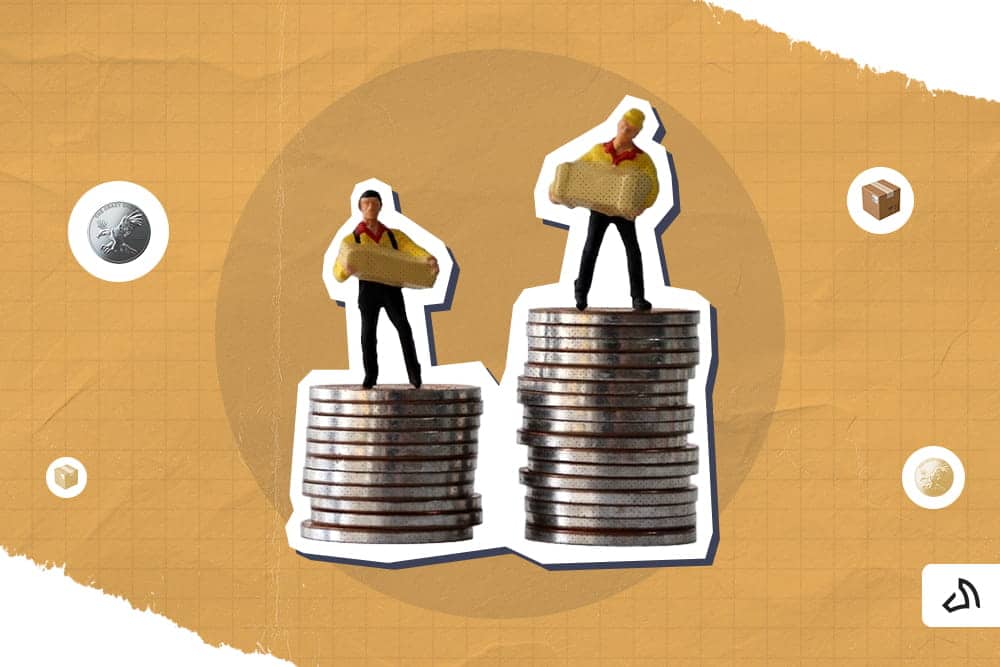 Two toy figures standing on the two stack of coins
