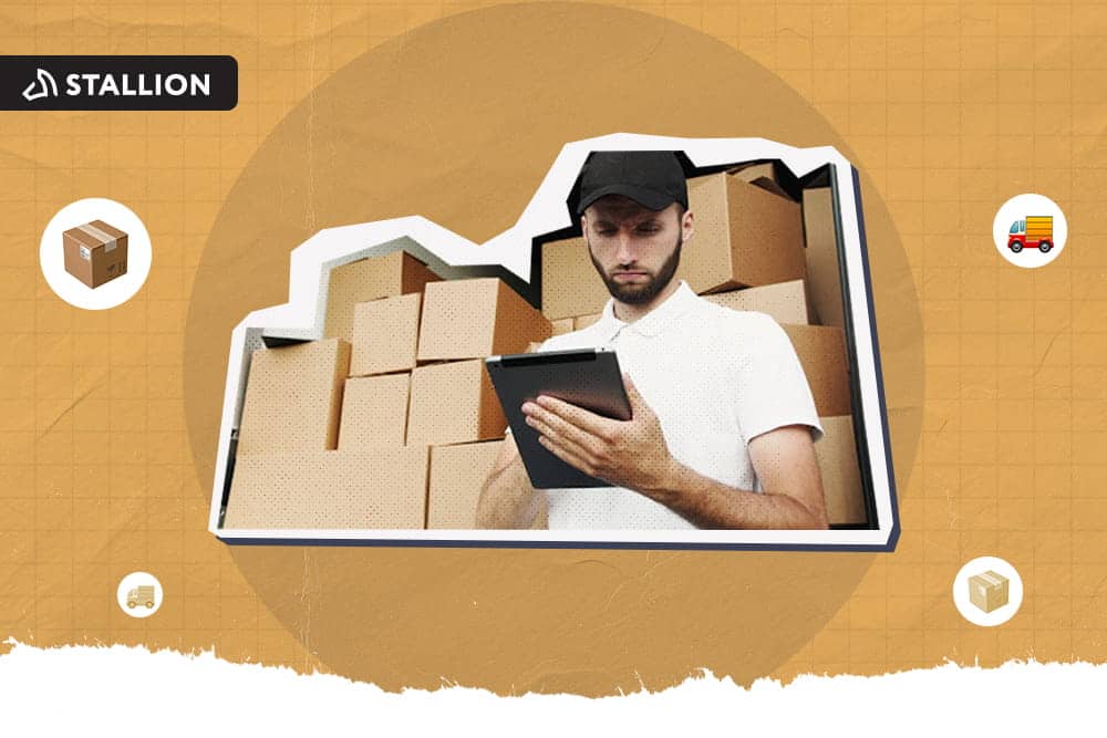 A man is holding a clipboard with a stack of box at the back