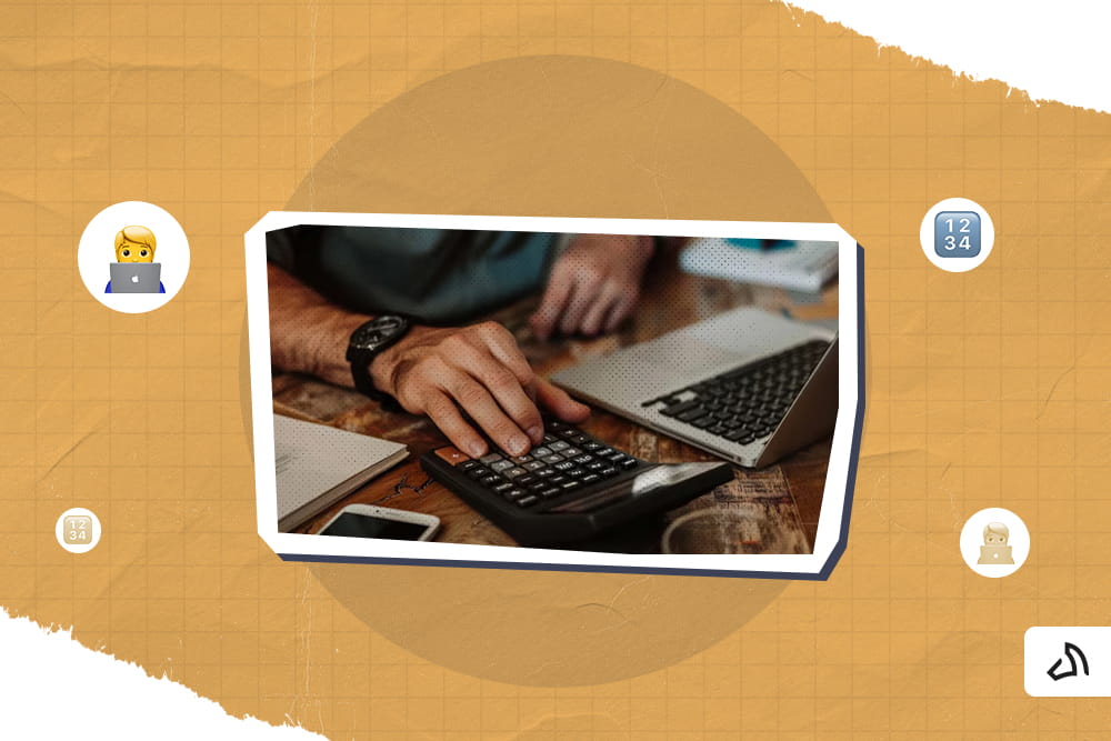 A hand is typing on the calculator