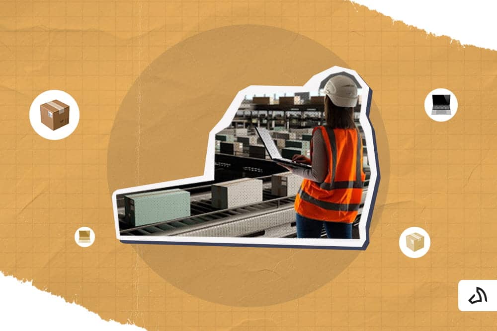 A woman is using her laptop while facing the package conveyor belt
