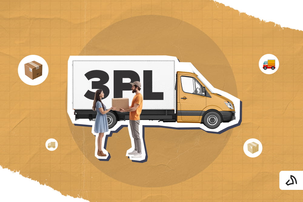 A person giving the package to another person with a 3PL truck behind them