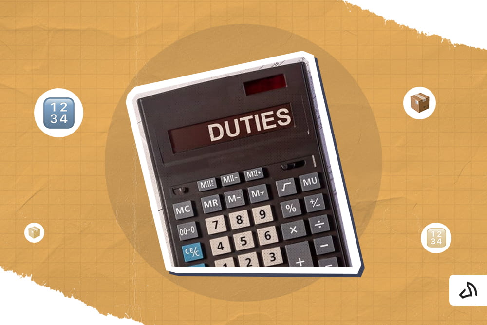 A black calculator with "DUTIES" in the screen