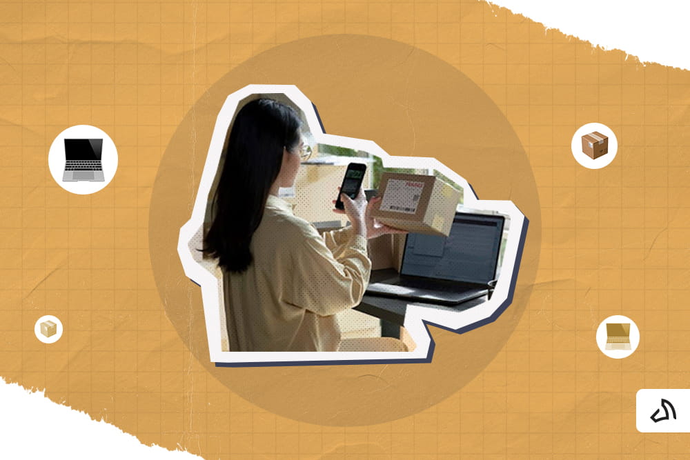 A woman is scanning the package's waybill using a phone