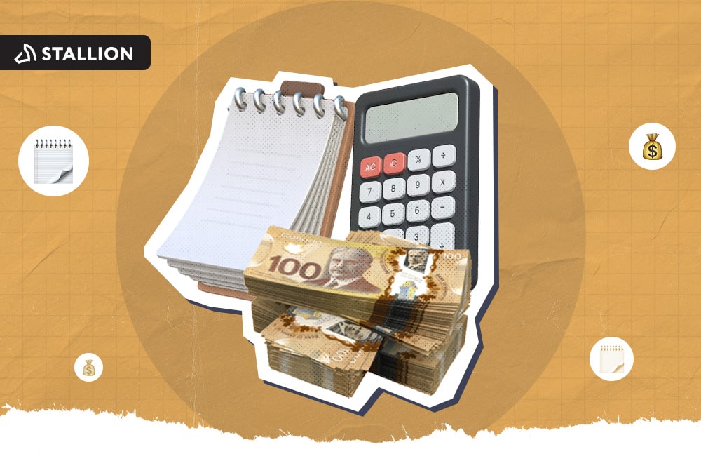 A notepad, a calculator, and a stack of bills and coins