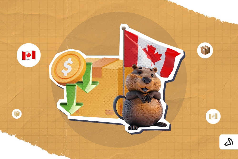 A beaver in front of a box the Canadian flag.