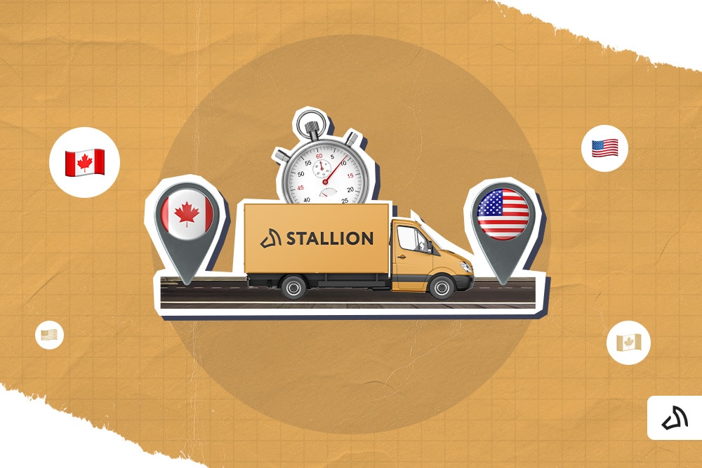The Stallion truck with the Canada flag and the US flag in location pins with a stopwatch at the back.