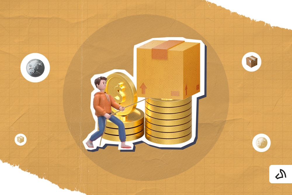 A person pulling a string attached to a box on top of a stack of coins