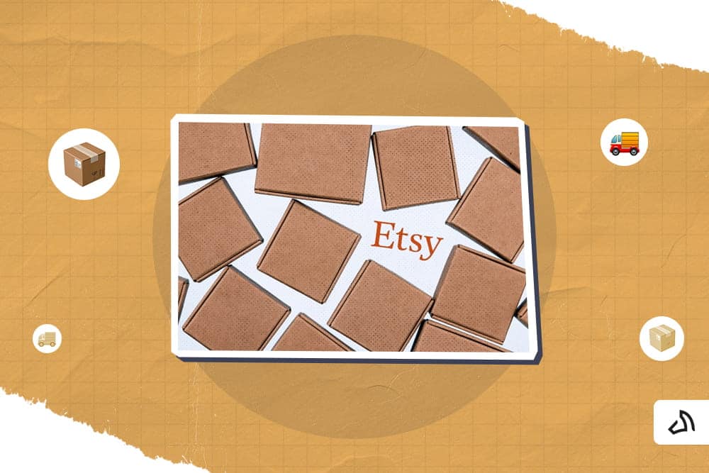 The Etsy logo surrounded by brown boxes