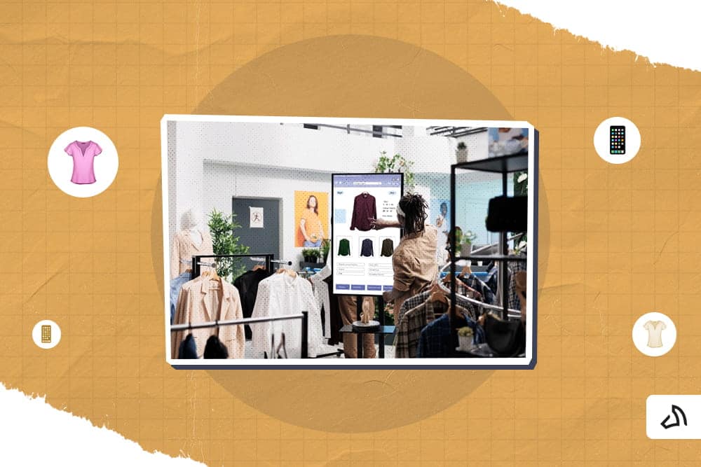 A woman scrolling clothes on a giant screen inside a boutique shop