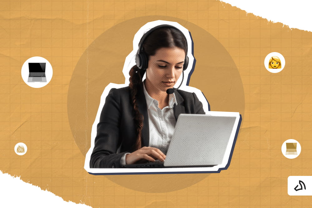 A customer service representative working on her laptop while wearing headphones