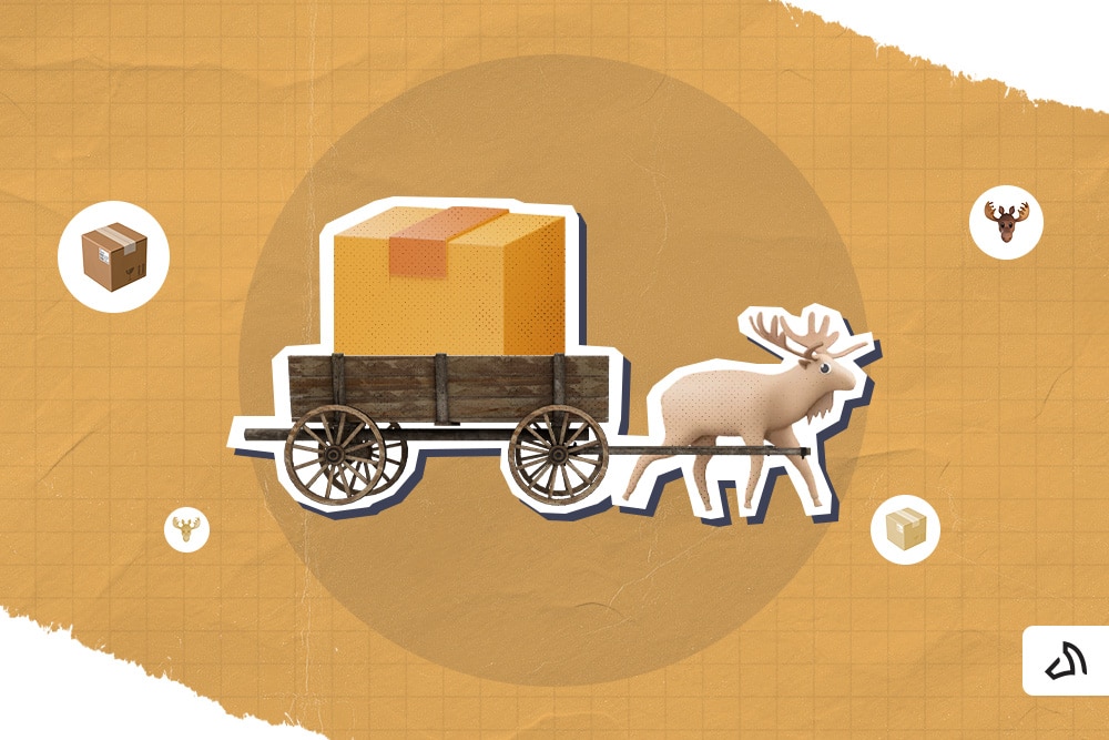 A moose carrying a wooden cart with a box.