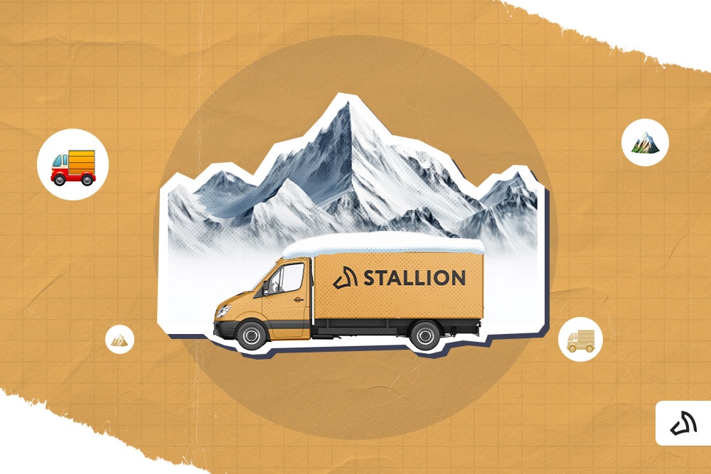 The Stallion delivery van travelling the icy road with a snowy mountain at the back.