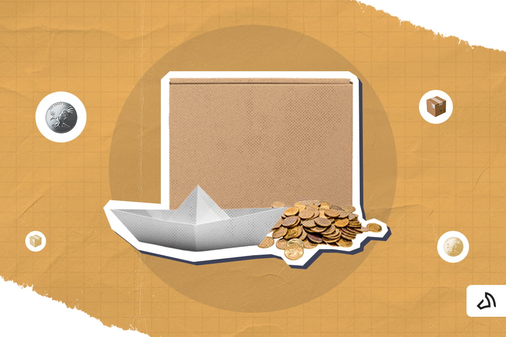 A brown box with a white paper boat and a pile of gold coins in front