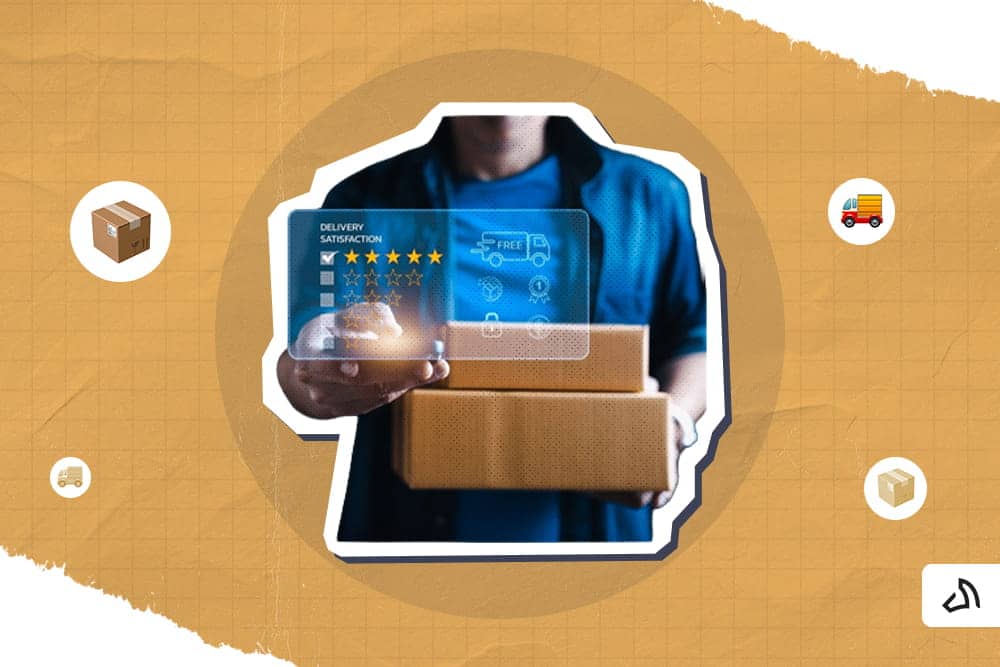 A person holding two boxes and pressing a hologram image