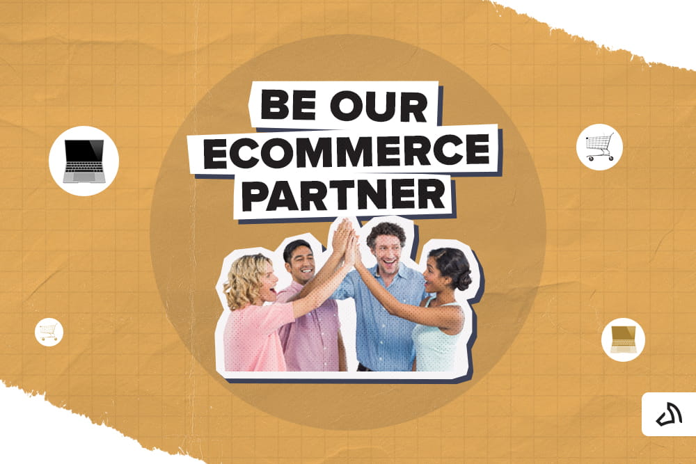 A group of people high fiving with each other and the text "BE OUR ECOMMERCE PARTNER" above them