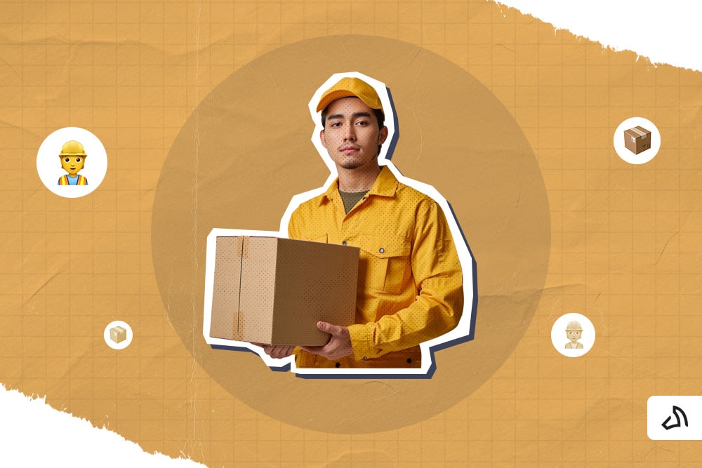 A person wearing a yellow suit holding a package box