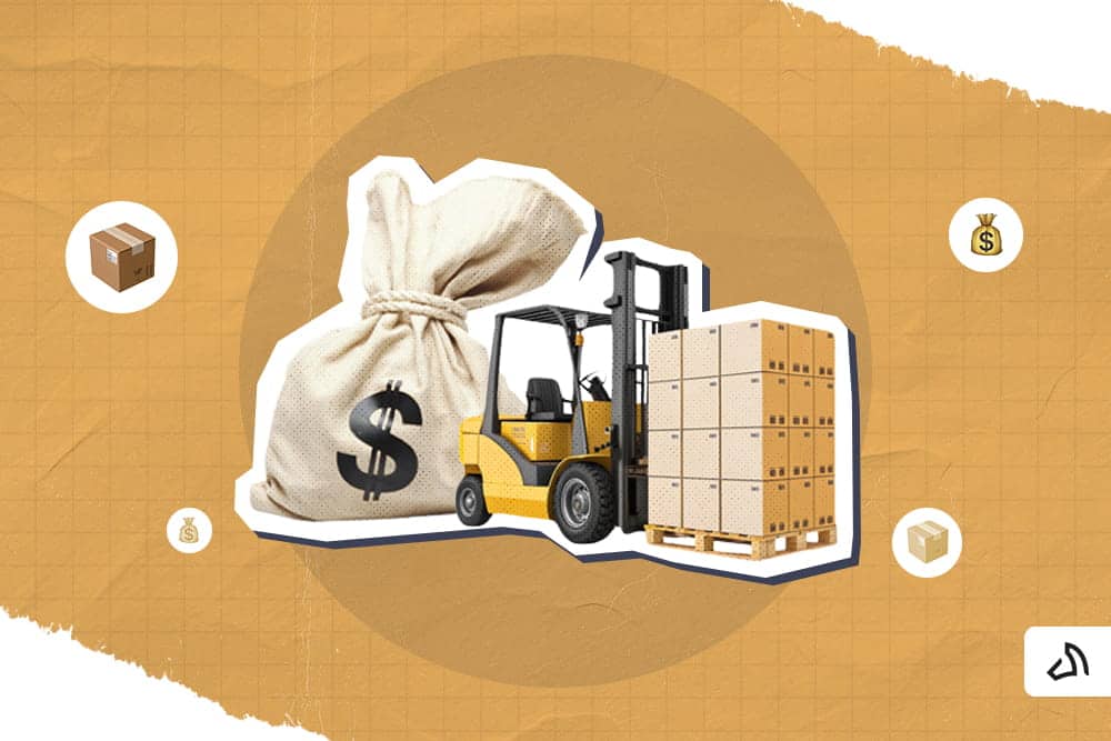 A sack and a yellow forklift carrying a stack of boxes 