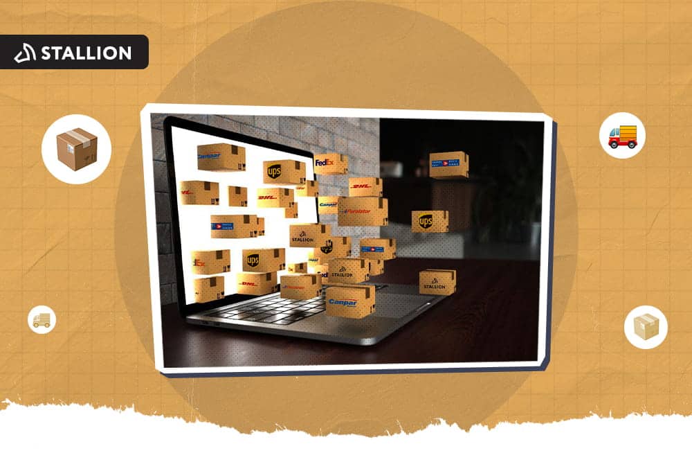 Packages from different couriers coming out from the laptop screen