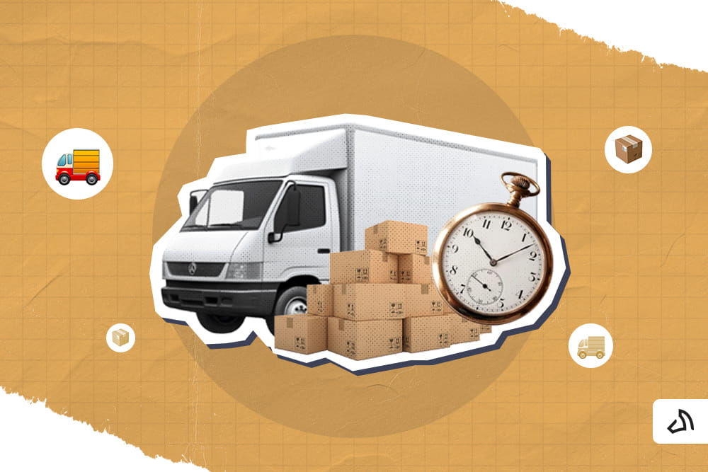 A white delivery van with a stack of boxes and a timer beside it