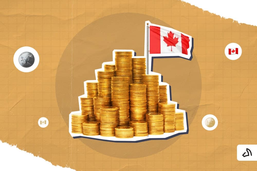 A pile of gold coins with the Canadian flag at the background