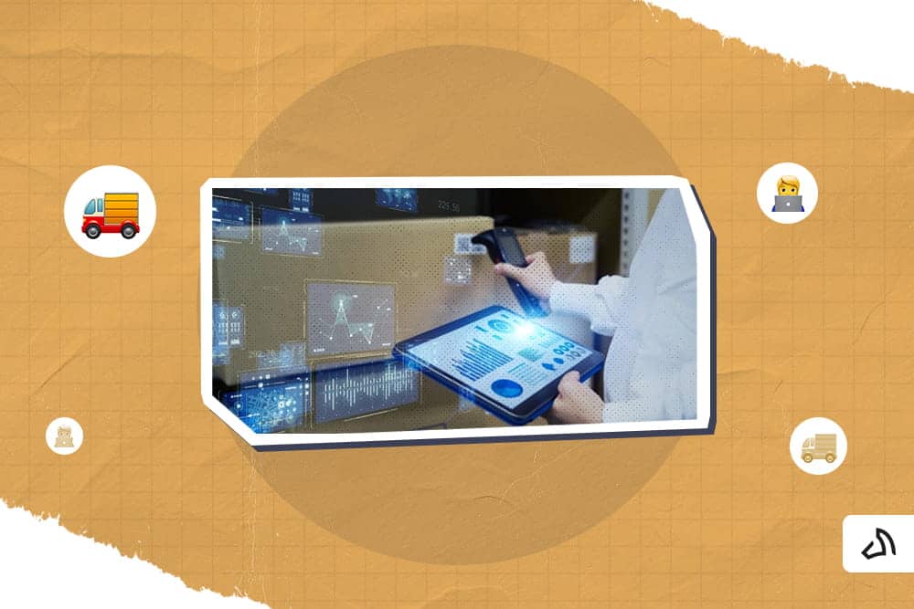 A person is scanning the box's bar code with floating holograms of graphs