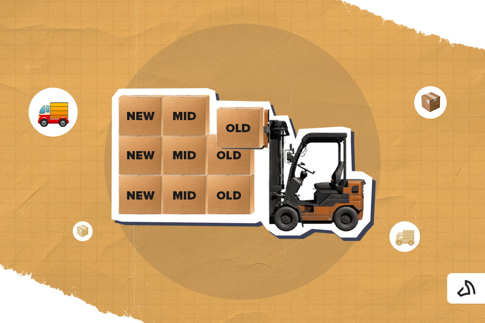 The boxes are lined up from new to old, with the forklift taking the top-most box