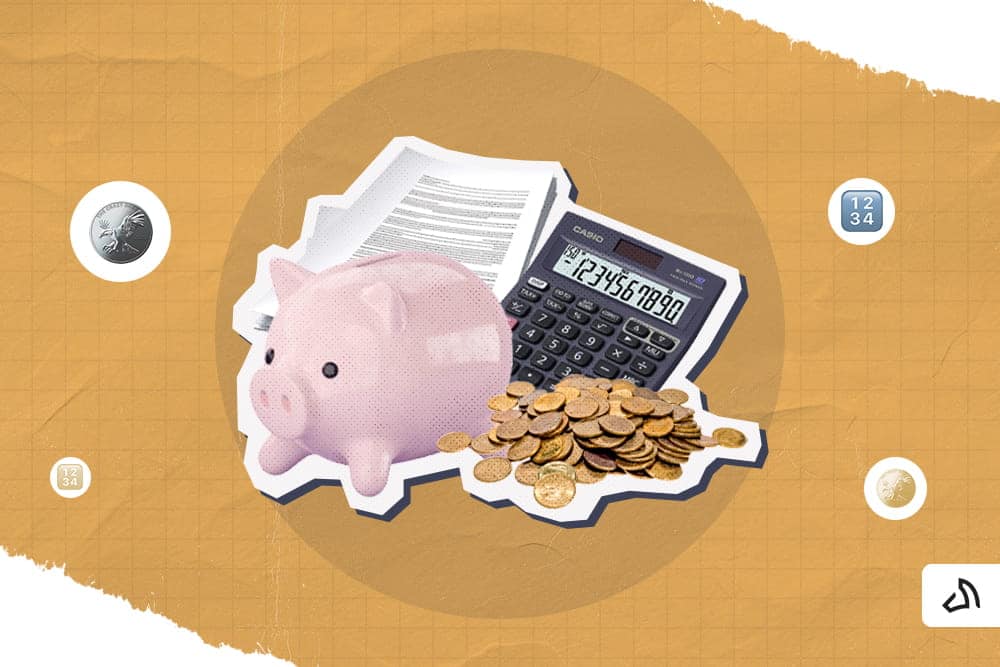 Calculator, a pile of gold coins, calculator, and documents