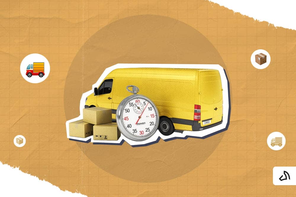 Une fourgonnette jaune avec un chronomètre et des boîtes devant