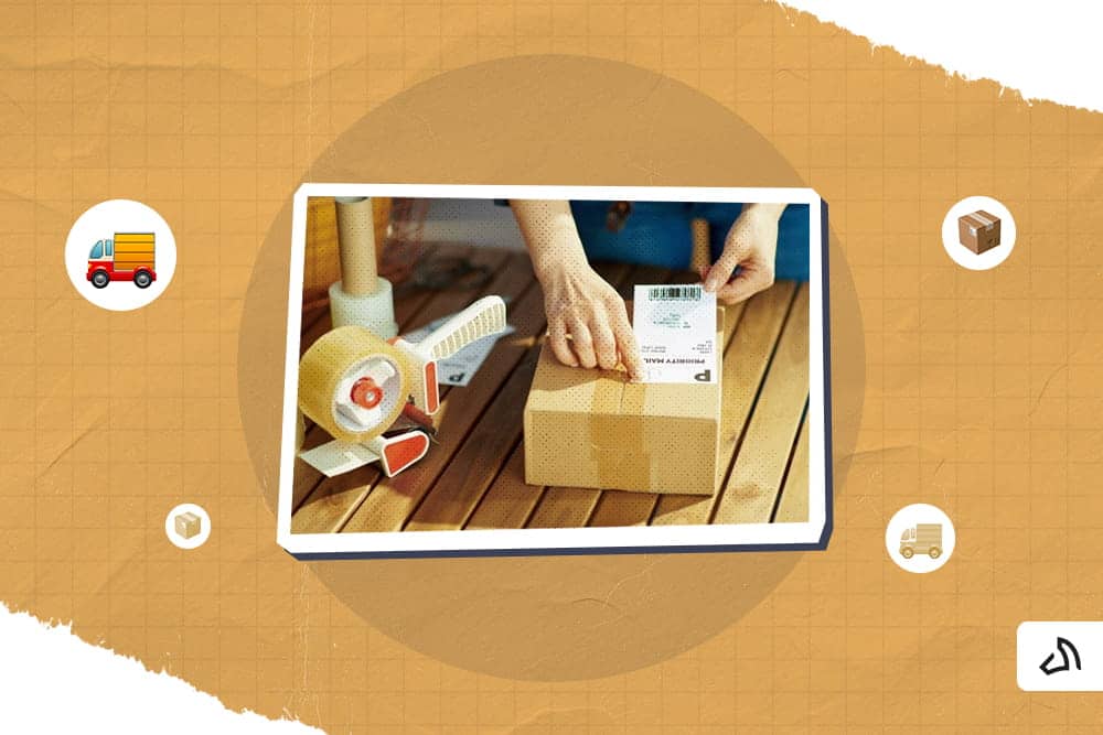 A person attaching a shipping label to the package